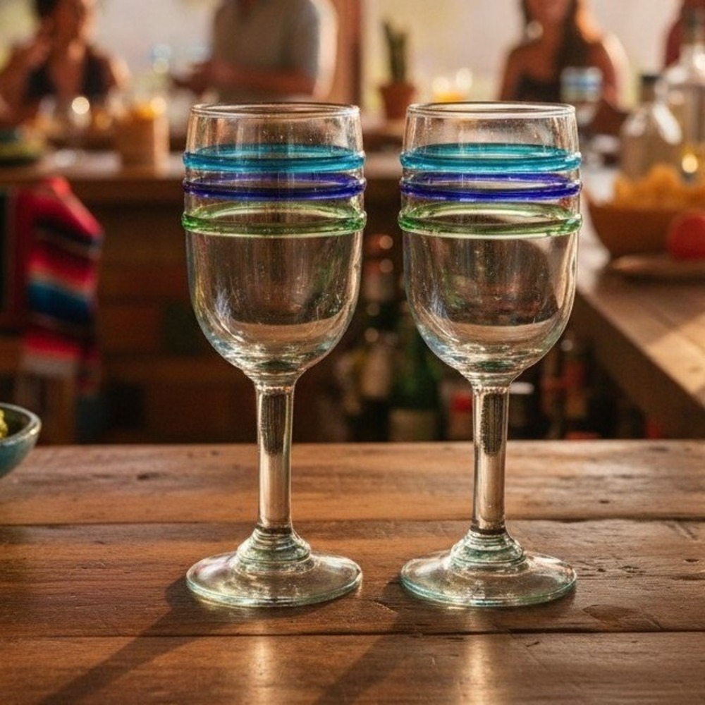 Pier 1 Imports Water Goblets, Set of 2, Vintage Hand Blown Multicolor Rings